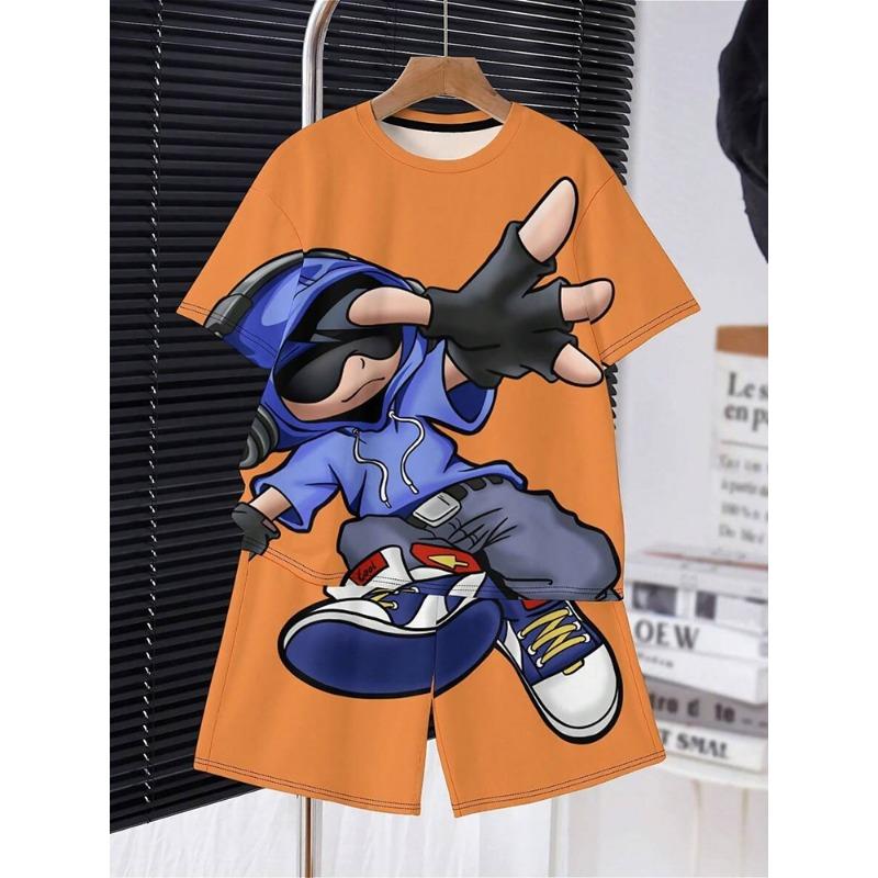 Men Clothes 2pcs Boys Fun Cartoon Bear Print Short Sleeve T-Shirt Shorts Set Summer Active Boys Complete Stylish Look