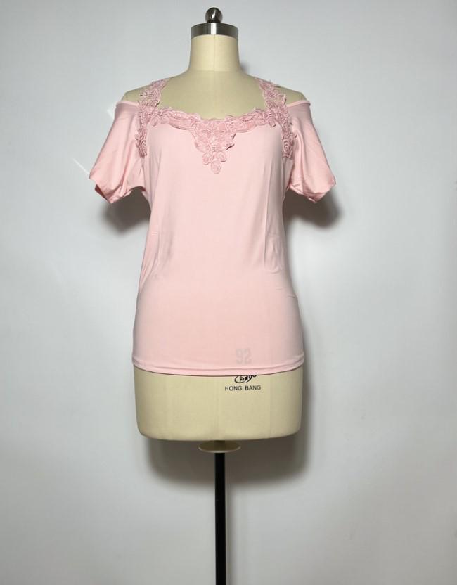 European & American Lace V-Neck Women's Short Sleeve Solid Color Casual T-Shirt