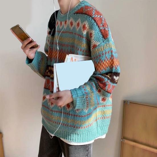 Men Autumn Sweater Geometric Print Colorful Long Sleeves Round Neck Loose Warm Thick O Neck Elastic Spring Sweater for Daily Wear