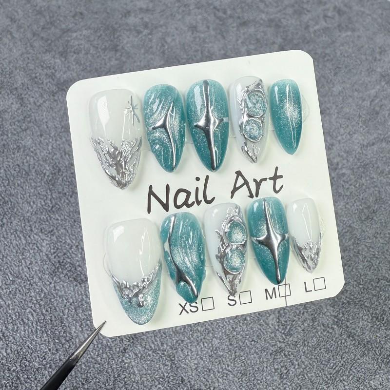 Almond Shape Press-On Nails With 3D Embossed Cat Eye Design Ice-Transparent Metallic Finish Handmade Wearable Nail Tips Extra Small