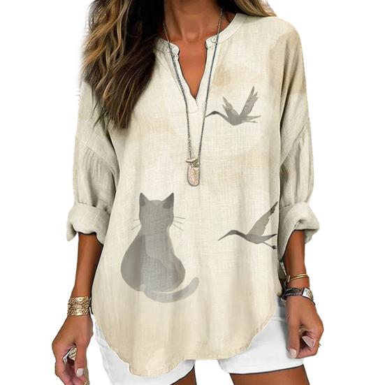 Damska Koszula Oversize z Dekoltem V Długi Rękaw Casualowa Wiosna Jesień Koszula z Wzorem Drukowanym 3D Oddychająca