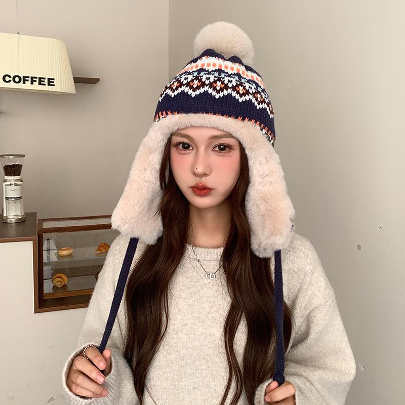 Jacquard Knitted Velvet Warm Hat for Women in Autumn and Winter Lei Feng Hat Travel Ski Hat Ear Protection Woolen Hat