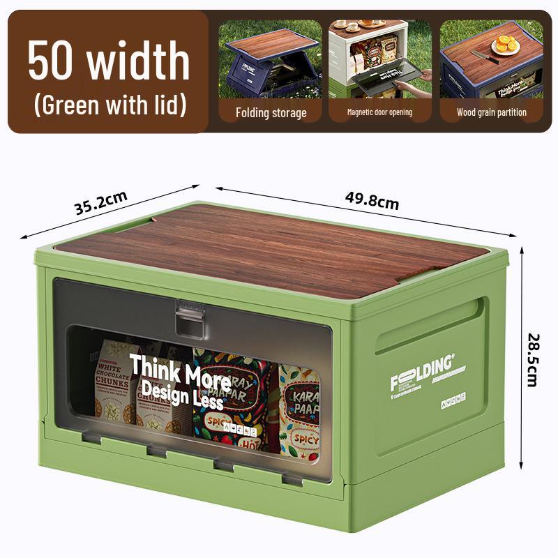 XL Folding Outdoor Storage Box with Wood Lid & Side Opening for Camping & Car Trunk Organization