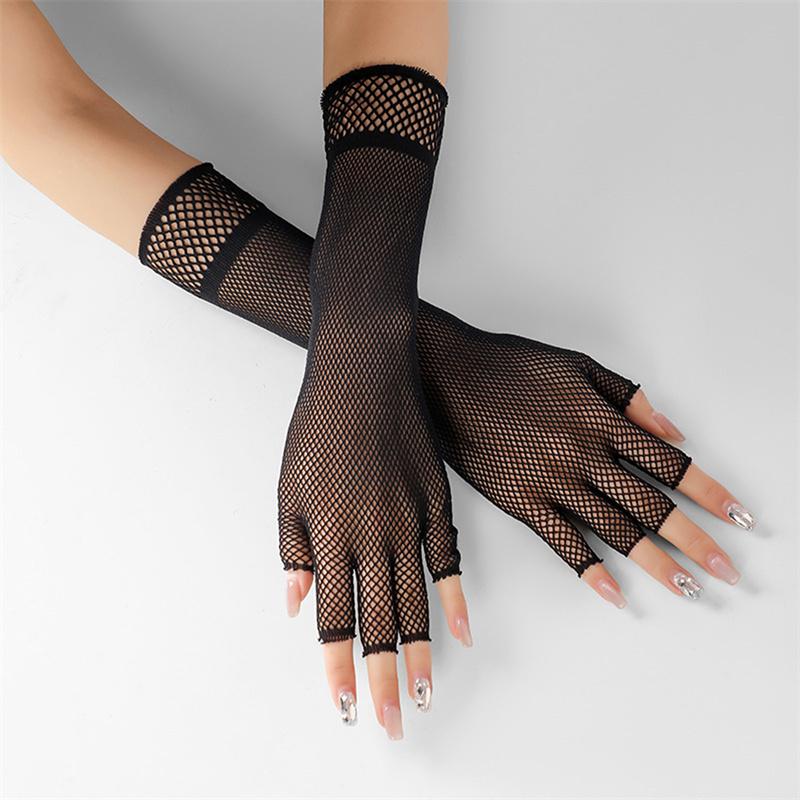 Fashion Women's Mesh Lace Gloves Dancing Party Half Finger Skeleton Gloves Halloween Short Gloves