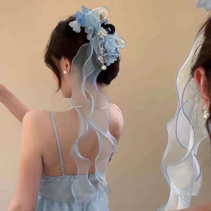 Blue Flower Bow Headband Clip Sweet and Luxurious Feeling Back of The Head Hair Bun Shark Clip Dreamy Hair Accessory