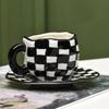 Nordic Style Hand-kneaded Checkerboard Ceramic Coffee Cup Saucer Black and White Hand-painted Afternoon Tea Cup Tableware