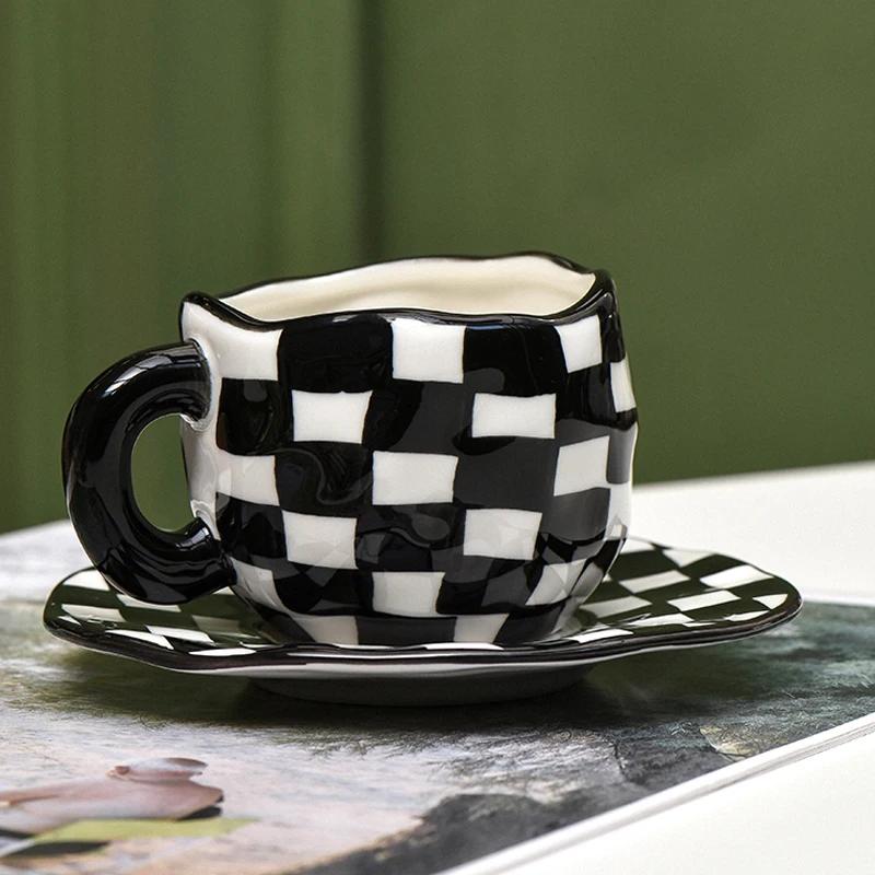 Nordic Style Hand-kneaded Checkerboard Ceramic Coffee Cup Saucer Black and White Hand-painted Afternoon Tea Cup Tableware