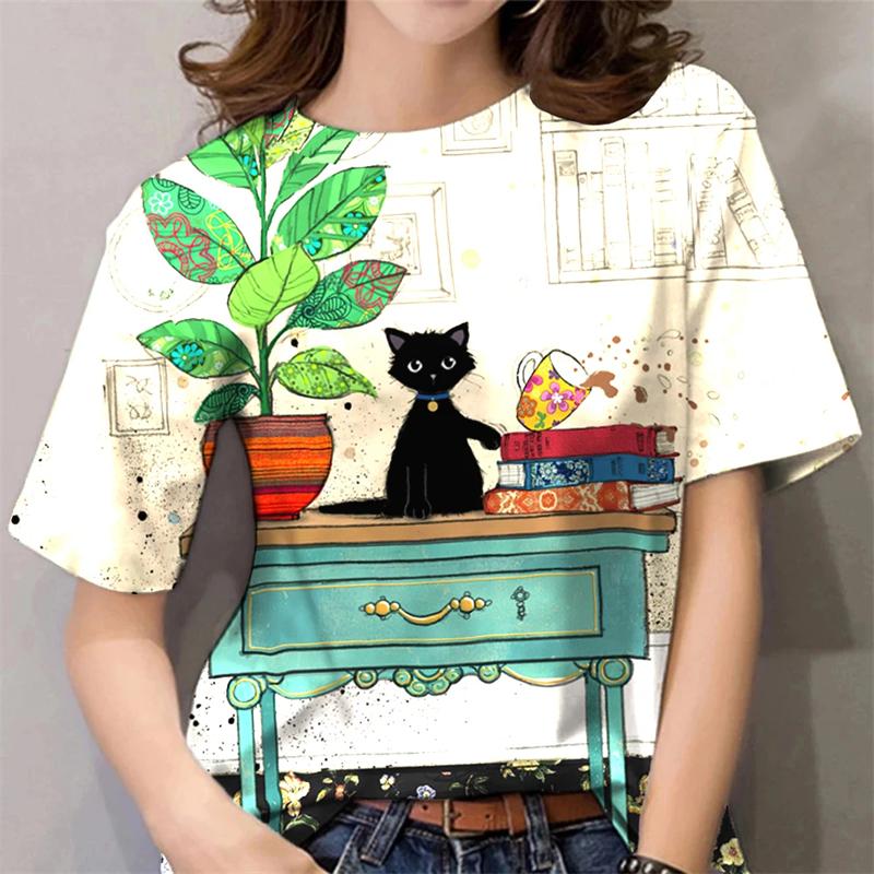 2025 T-Shirt For Women Kawaii Cat Print Tops Summer Oversized Tshirts Womens Clothes O-Neck Tees Female Clothing Fashion Blouse