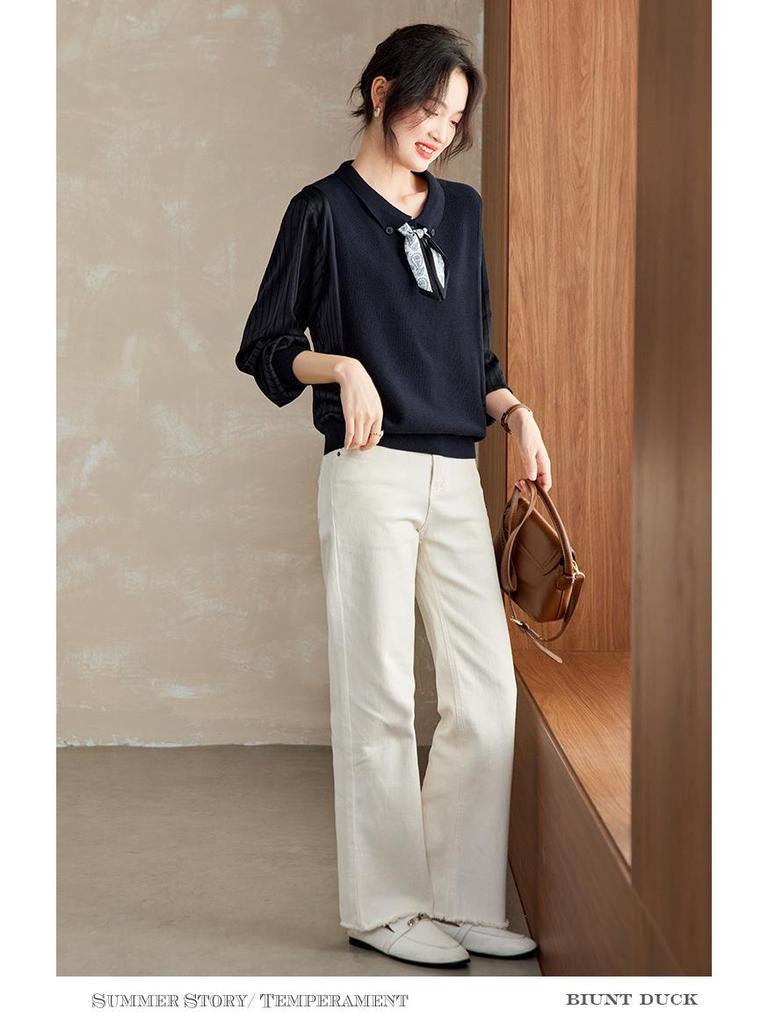 Women's Elegant Autumn Lapel Knitted Sweater, Fake Two-Piece Loose Top