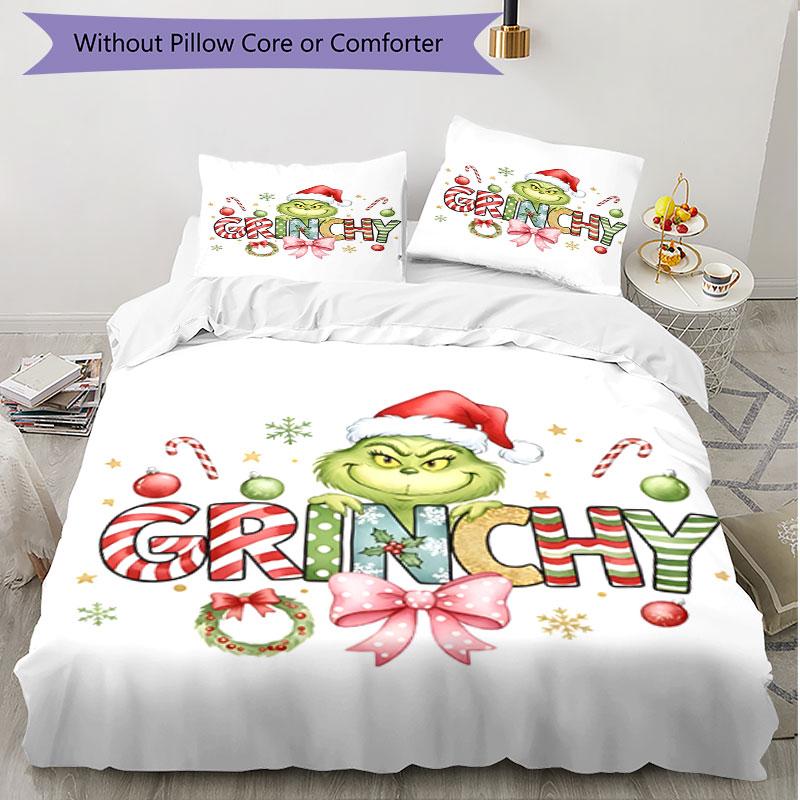 3pcs Duvet Cover Set (1*Duvet Cover + 2*Pillowcase, Without Core), The Grinch Print Soft All‑Season Bedding Set, Home Bedroom Decor Gift