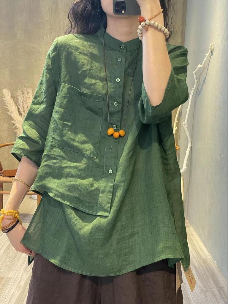 Damen Retro Baumwoll- & Leinenhemd - Frühling/Sommer 2024, Nischendesign mit Dreiviertelärmeln, lockere Passform.
