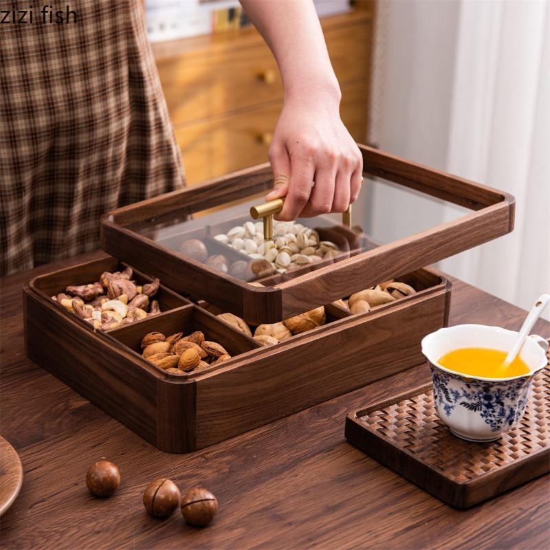 Solid Wood Dried Fruit Box with Lid Square Storage Box Multi Grid Snack Box Snack Platter Refreshments Plate Storage Bin