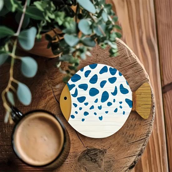 Wooden Coasters, Coastal Ocean Theme Fish/Checkered Plaid Pattern Coasters for Drinks, Coffee Table, Home, Kitchen, Office, Bar Decor