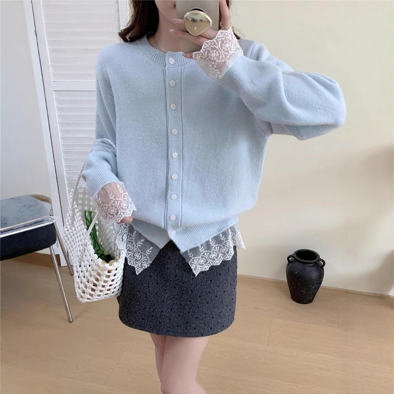Autumn and winter new design lace splicing lace knitted cardigan women's loose age-reducing sweater jacket