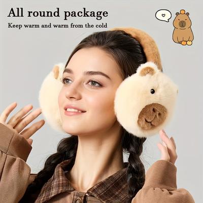 Cozy Capybara Plush Earmuffs for Women - Cute Cartoon Design, Foldable & Warm Ear Covers, Perfect Winter Accessory