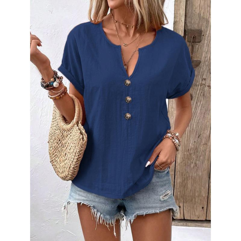 Women V Neck Linen Blend T Shirt Short Sleeve Button Detail Casual Top
