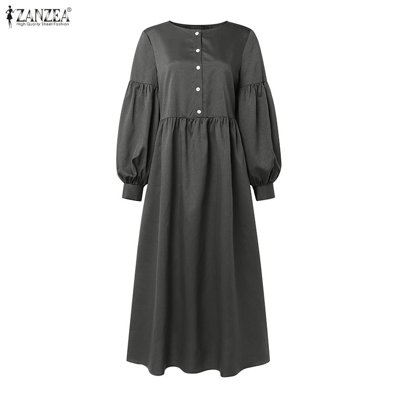 ZANZEA Lässiges Damen-Kleid mit Rundhalsausschnitt, langen Ärmeln und lockerem langem Kleid