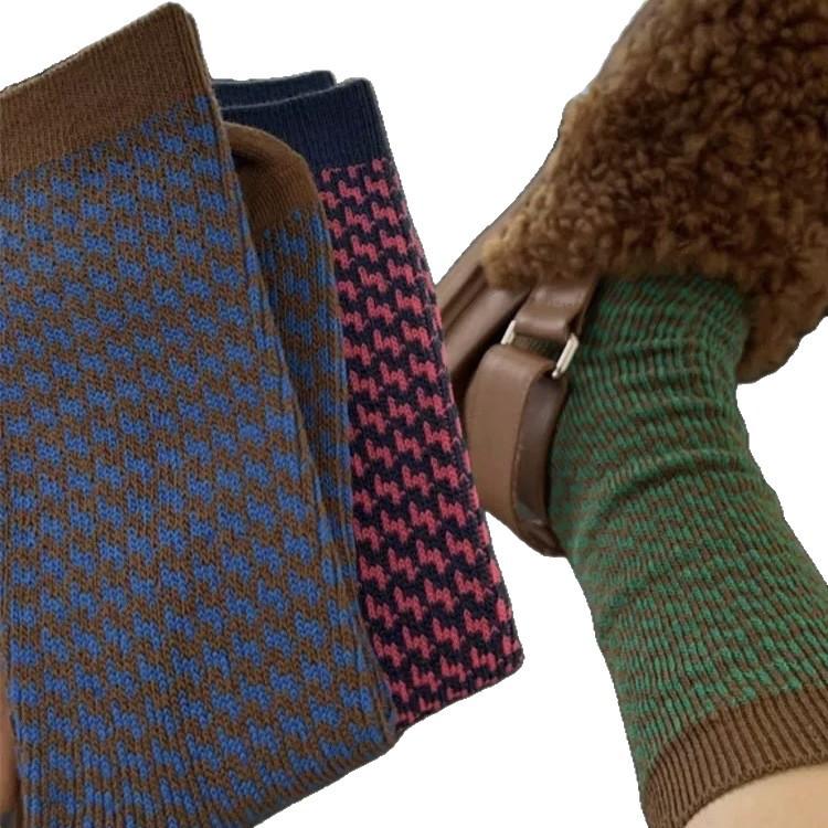 Striped Socks, Women's Mid-calf Socks, Autumn and Winter Pure Cotton Socks, Retro Checkered Spring and Autumn Long Socks, Pile Socks