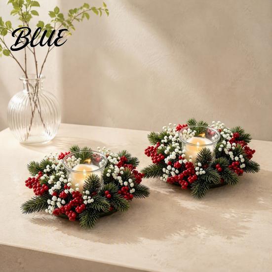 Reusable Christmas Home Decor Candle Ring Wreath Artificial Pine Wreath with Red Berries Rings White Flowers Holiday Table Centerpiece for