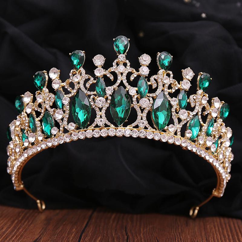 Luxury Gorgeous Red Crystal Wedding Crown Green Tiaras for Women Bridal Hair Jewelry Royal Queen Prom Headdress Bride Accessory