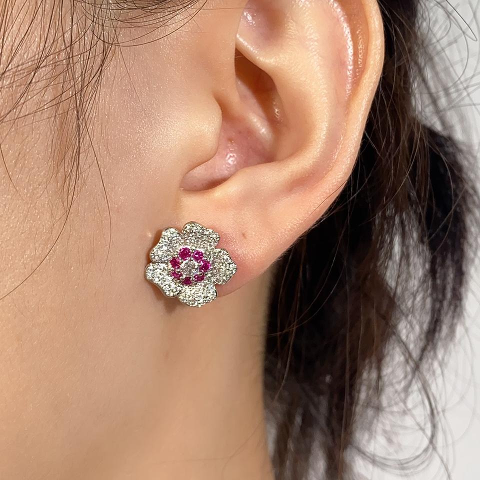 ZAKOL Bling CZ Flower Stud Earrings AAA Cubic Zirconia Aesthetic Women's Ear Accessories Bright Red Earrings Trendy Zircon Gift