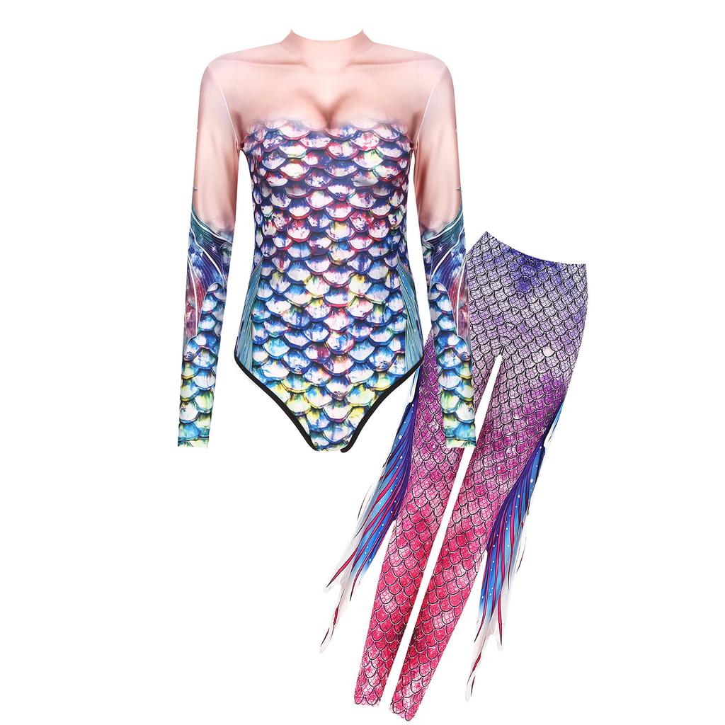 Shimmering Mermaid Stage & Party Jumpsuit S-XL: High Waist Tights Design with Stand Collar, Eye-Catching for Halloween