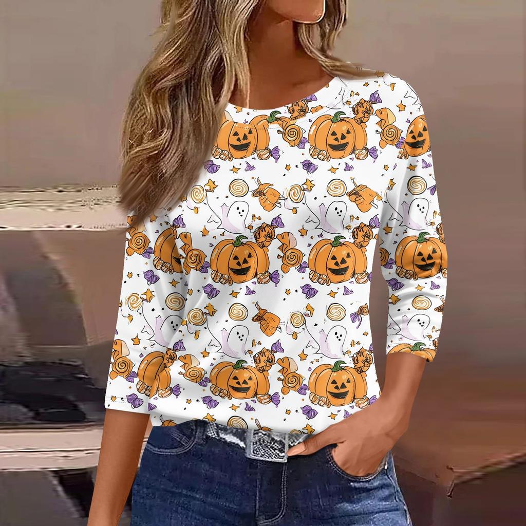 Women's 3/4 Sleeve Loose Fit Casual Shirt Round Neck Halloween Print T-Shirt Top for Everyday Wear