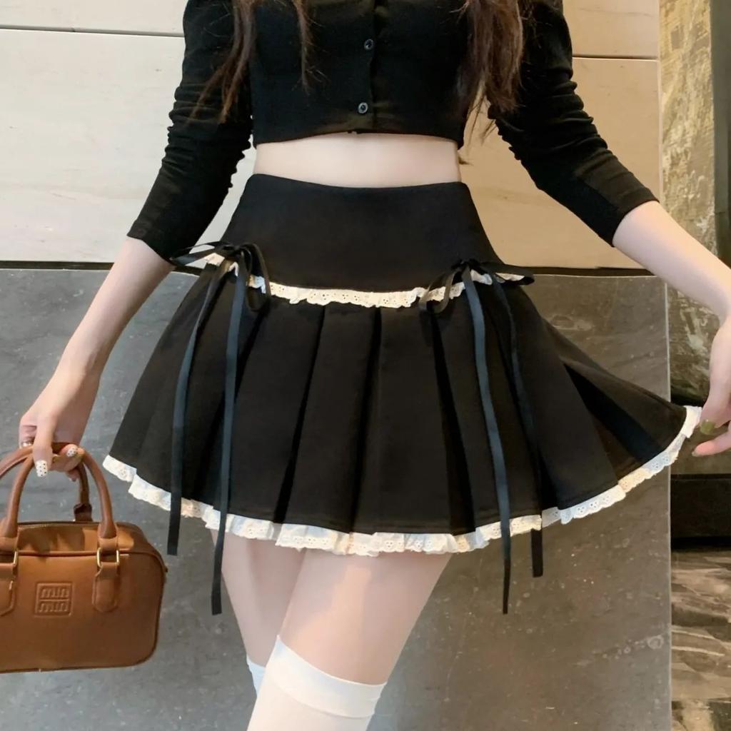 Sweet Bow Lace Up Pleated Short Skirt Women High Waist Slim A-line Y2k Clothes Summer Sexy Spicy Girl All Match Skirts