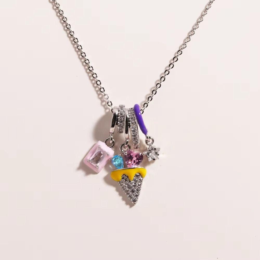 Stainless Steel Ice Cream Necklace Colorful Enamel Pendant Flower Zircon Necklace  Jewelry Gift