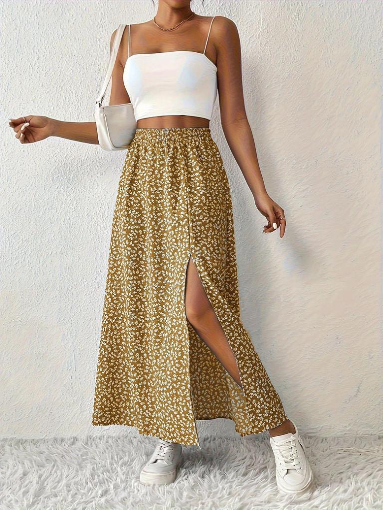 European & American Holiday Floral Print Midi Skirt with Slit