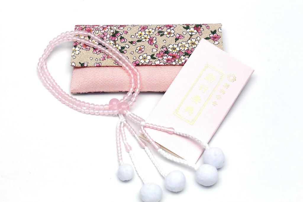 Made In Soka Gakkai Prayer Gift for New Set for Prayer Pink Ground and Cherry Prayer Red Crystal Japan, Beads, Members, Gongyo, 3-piece Women, Beads,