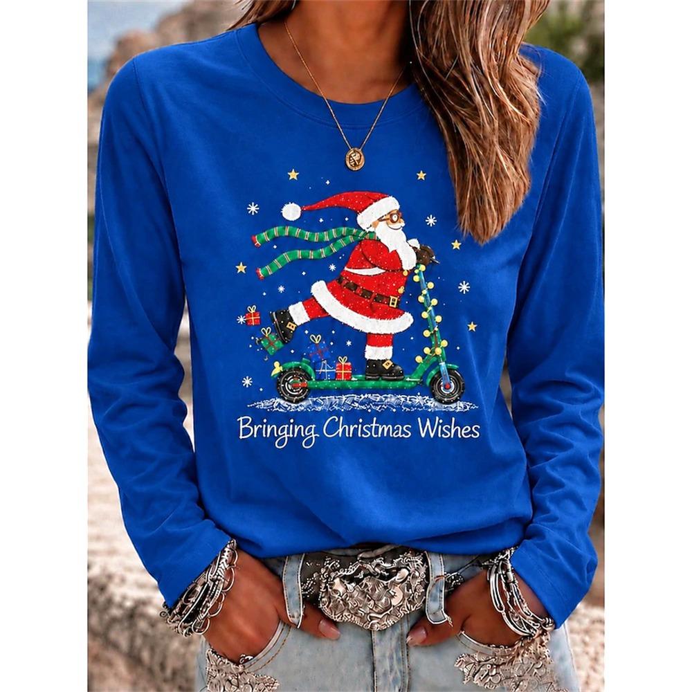 Women’s Autumn Long-Sleeve Christmas T-Shirt Crew-Neck Pullover with Holiday Letter Print Loose Fit Casual Street-Style Top