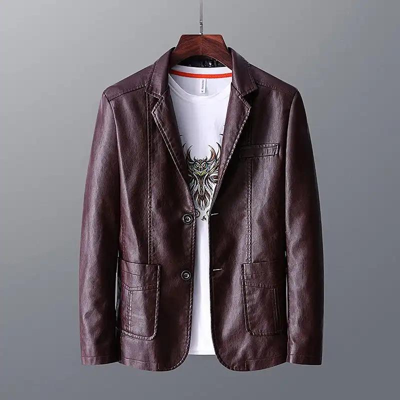 Leather Suit Men's Spring Autumn New Casual Middle-aged Slim Handsome Top PU Leather Jacket Suit