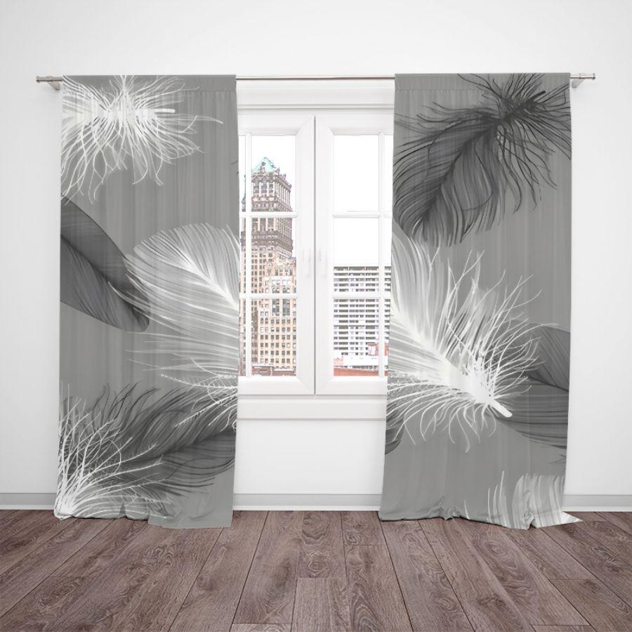 2pcs- Pure Black and Gray Feather Polyester Curtains, Pole Bag Curtains 42 * 84, Bedroom, Living Room, Family Room Decoration