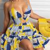 Women Sexy Hollow Out Halter V Neck Printed Tiered Mini Cake Dress