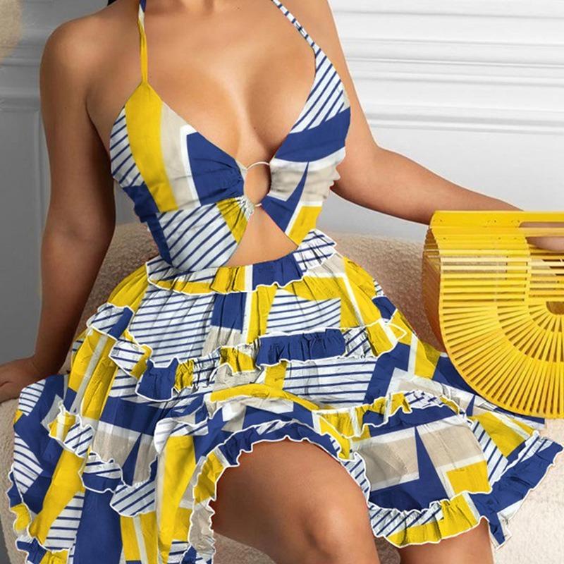 Women Sexy Hollow Out Halter V Neck Printed Tiered Mini Cake Dress