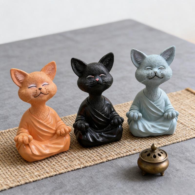 Meditation Animal Meditation Cat Resin Crafts Ornament Zazen Cat Flower Home Garden Decorative Statue