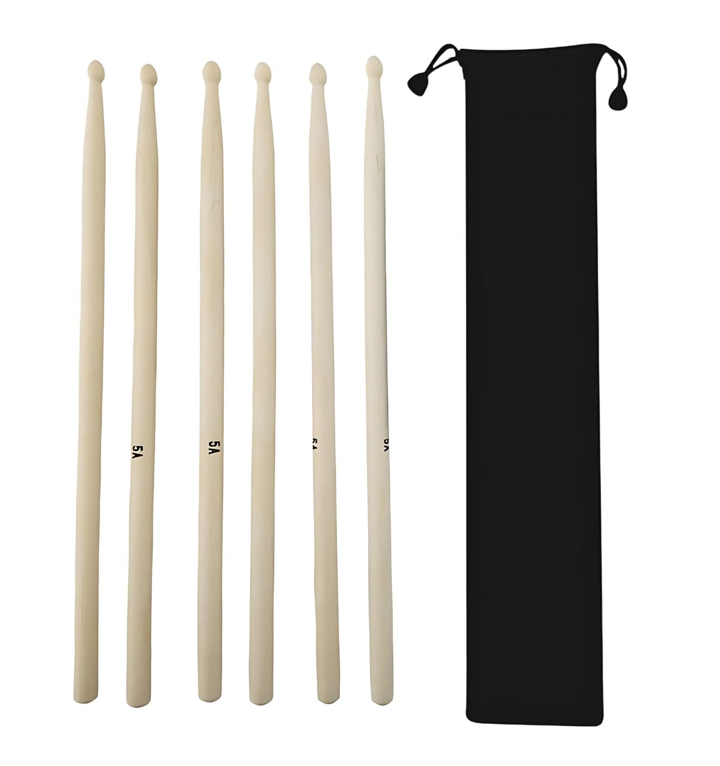 

3 Pairs of 5A Wooden Drumsticks for Practice, with Storage Bag, Lightweight, Portable, and Extra for Beginners