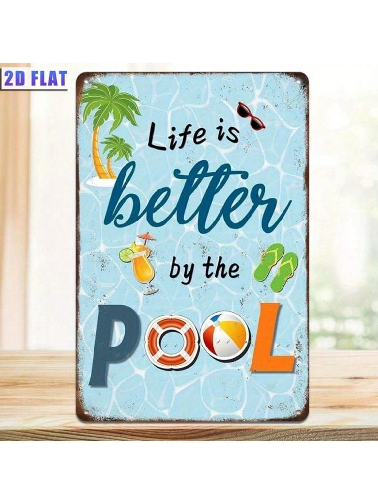 Vintage Metal Pool Sign Beach Icons Patio Wall Decor