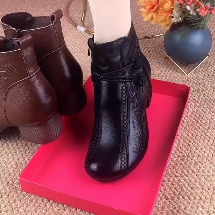 2025 new retro Martin boots autumn and winter single boots thick heel short boots women's ethnic style embossed round head mother cotton boots