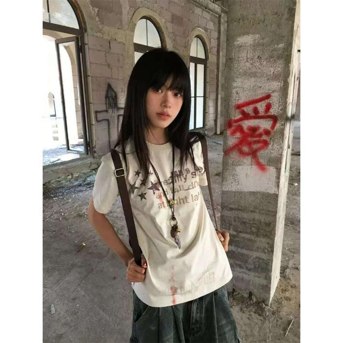 [Pure cotton] Star print front shoulder short-sleeved top short-sleeved slim-fit T-shirt white American S белый