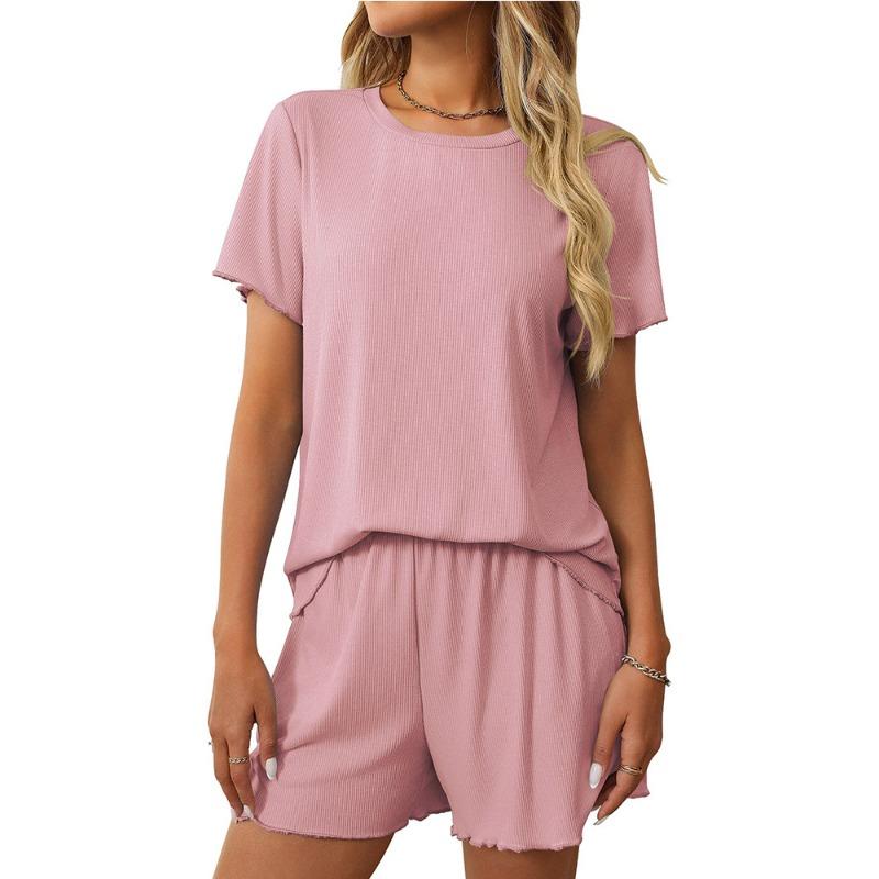 Women's New Summer Solid Colour Pit-striped Pyjamas Short-sleeved Homewear Set