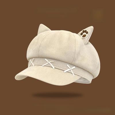 New Sweet Bow Design Cat Ears Bow Cap Cute Cat Ear Warm Hat Beret Versatile Style Painter Hat for Autumn Winter Season
