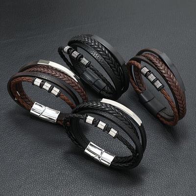 Bracciale in Pelle Multi-Strato con Fibbia Magnetica Vintage da Uomo
