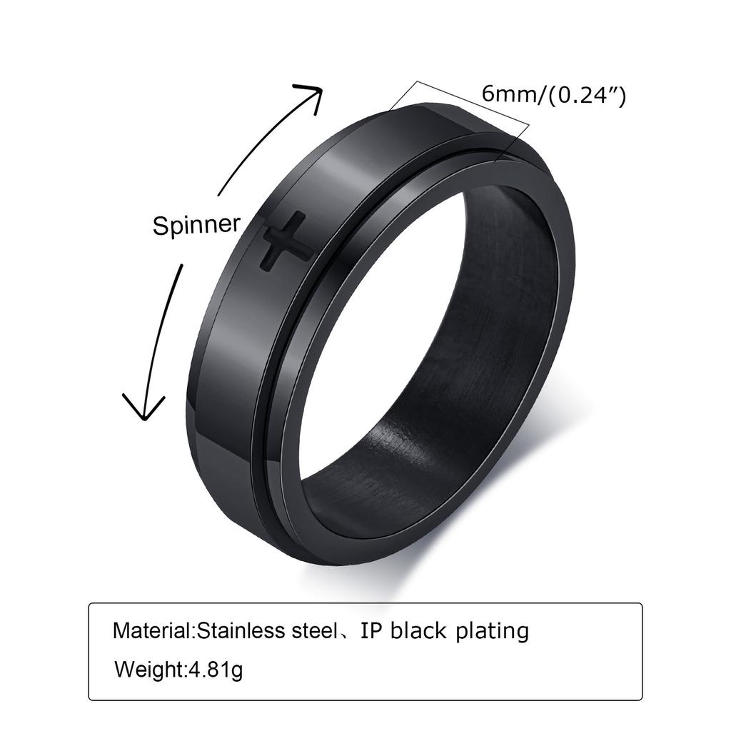 Stainless Steel Laser Engraved Rotating Cross Ring Black Mens Ring