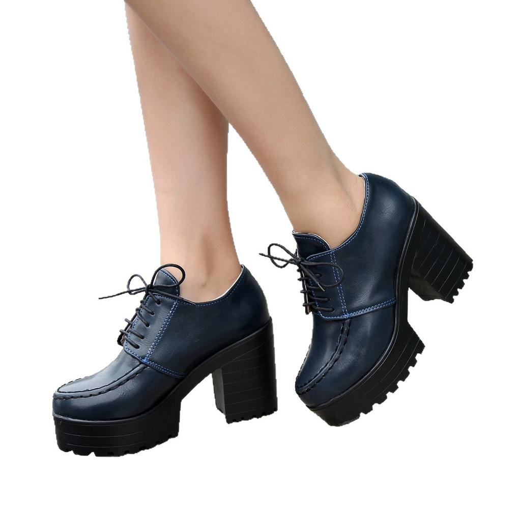High Heel Waterproof Table Single Shoes Work Shoes British Thick Heel Round Head Leather Shoes Deep Mouth Large Size -46 Size Women'S Shoes