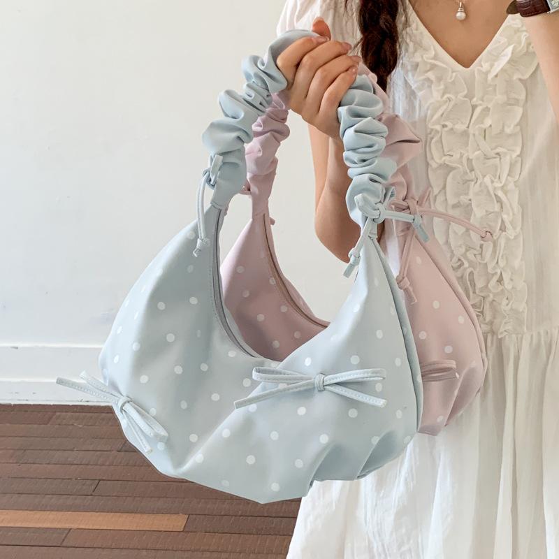 Small-scale Pleated Bow Handbag for Commuting, Single-shoulder Bag, Fashionable Polka Dot Crossbody Bag
