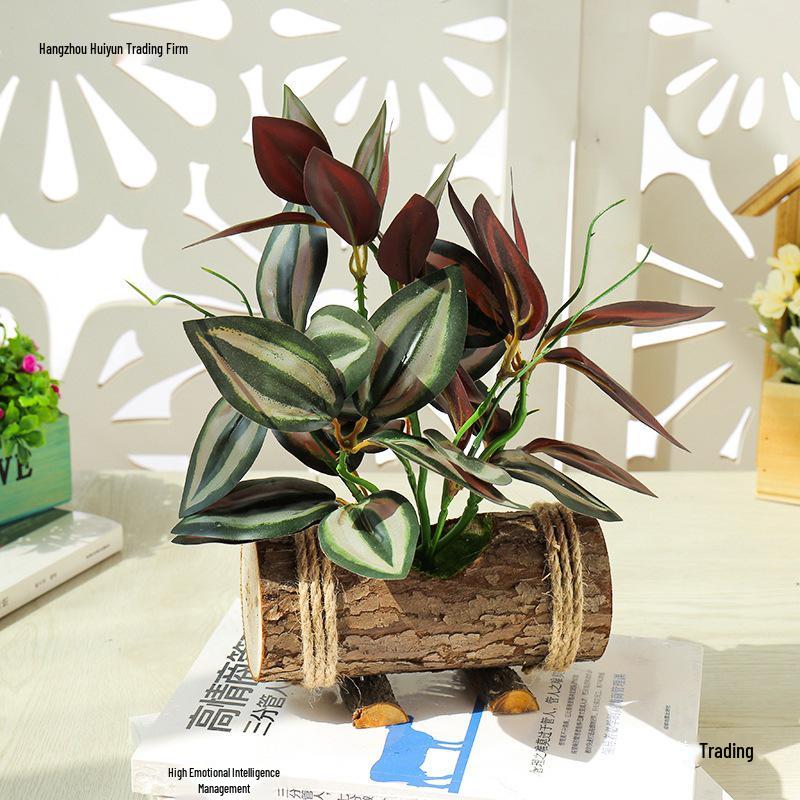 Creative Wooden Basin with Artificial Green Plant Bonsai Ornament for Display and Decoration.