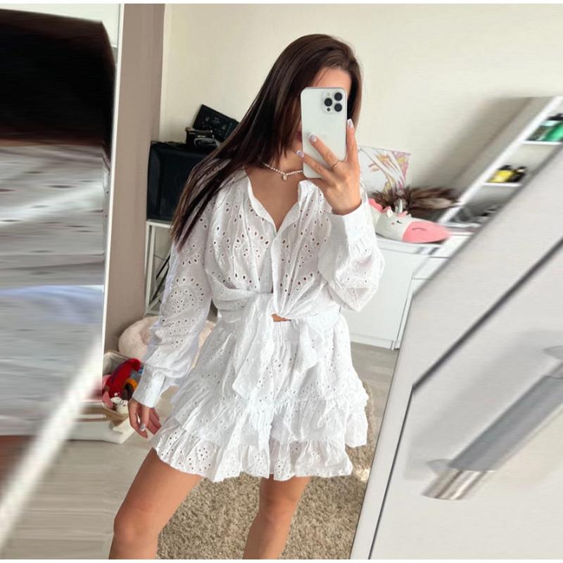 Damen Jacquard Hemd Shorts Set Knopfloch Einfarbiges Set Bedruckt Lässiger Fortgeschrittener Stil Frühling Sommer Neu Damen Langarm Set