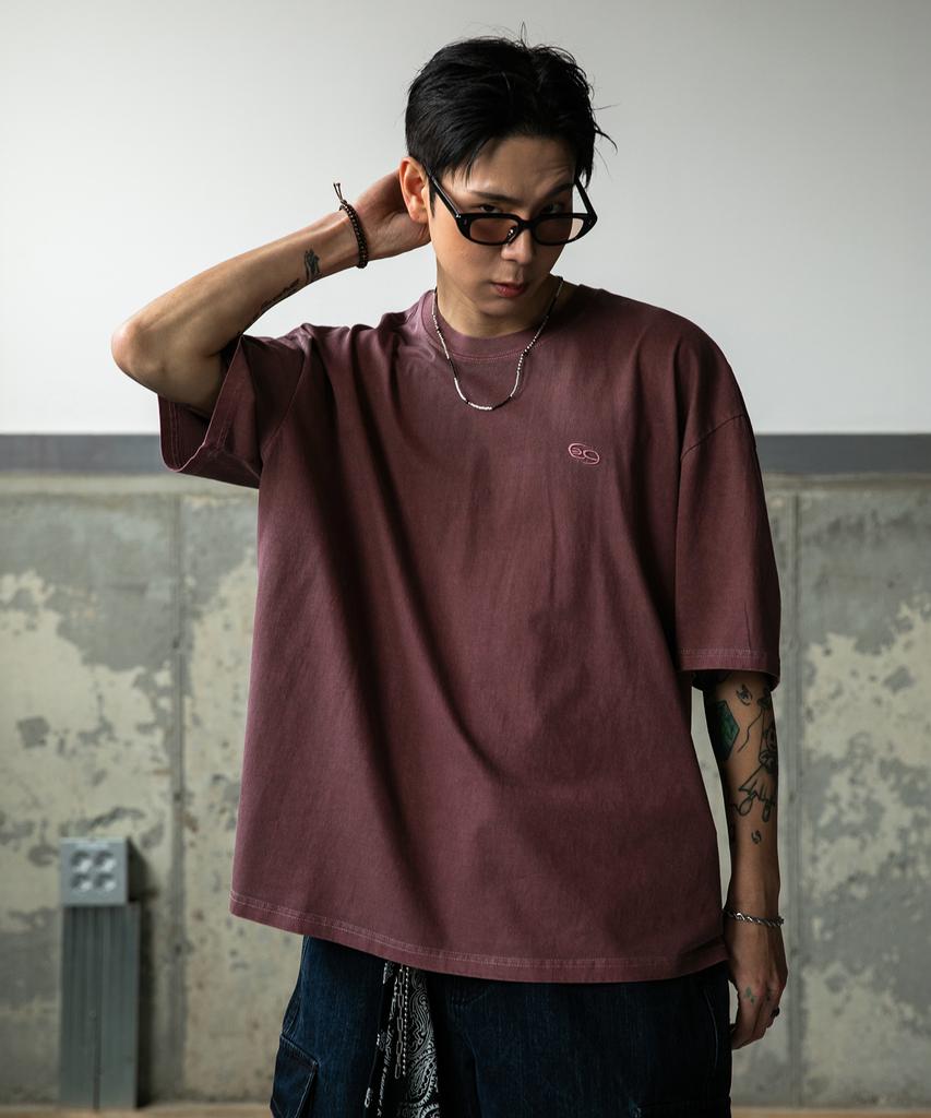 BURNING CAPONE Bc Pigment Symbol Embroidery Short Sleeve T-Shirt (Burgundy)